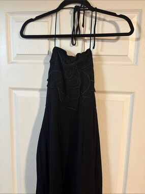 Black Halter Maxi Dress with Floral Ruffle Bodice
